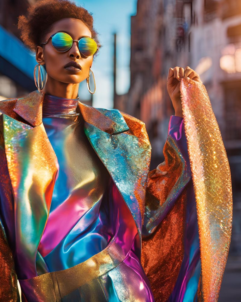 model that has style influence from futuristic, eccentric, and nightclub wear, with daytime lighting